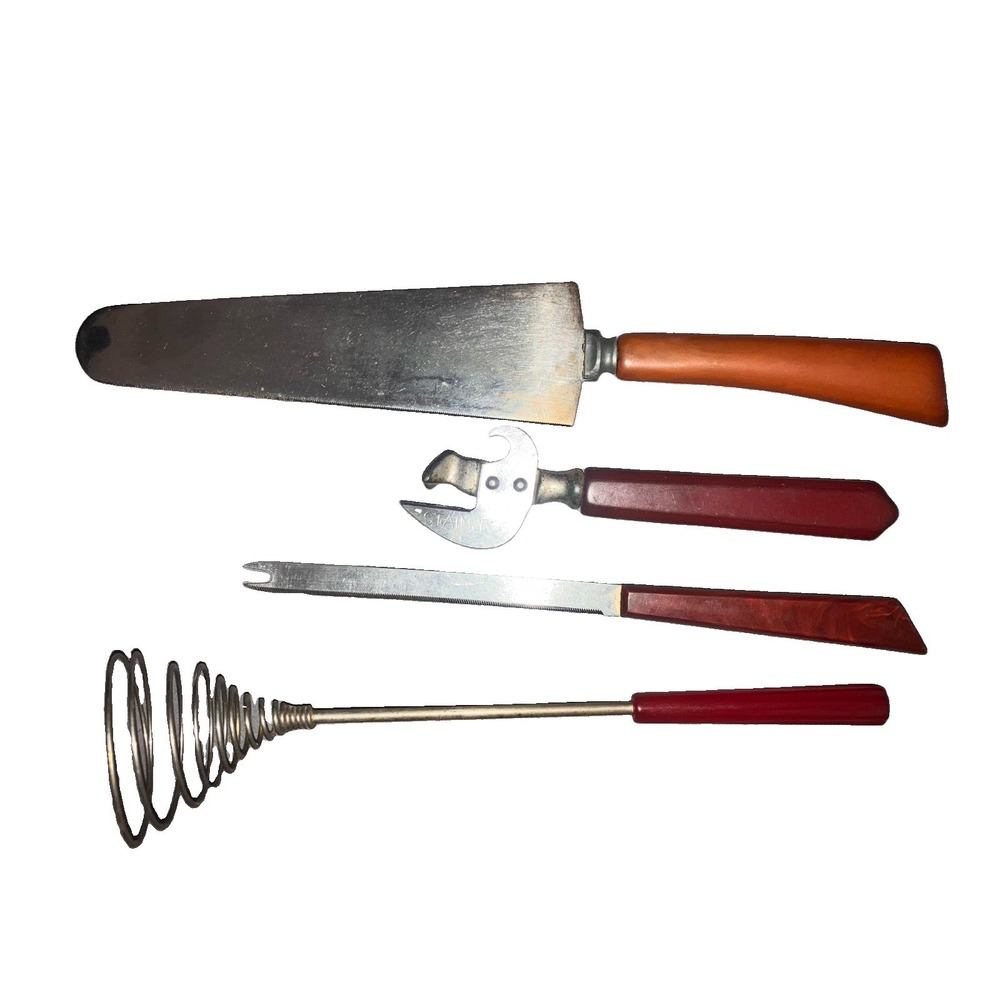 Lot of 4 Vintage Bakelite Handle Kitchen Utensils Red And Butterscotch